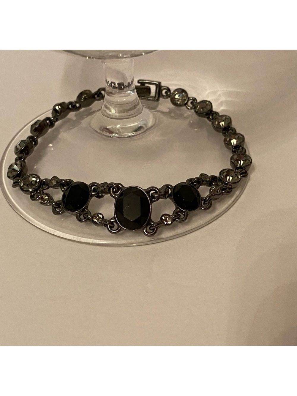GIVENCHY BRACELET LINKS GUNMETAL COLOR BLACK GRAY FACETED CRYSTALS SIGNED